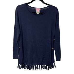Lilly Pulitzer Womens Ramona Fringe Sweater Tunic Top Navy Blue Gold Size XS